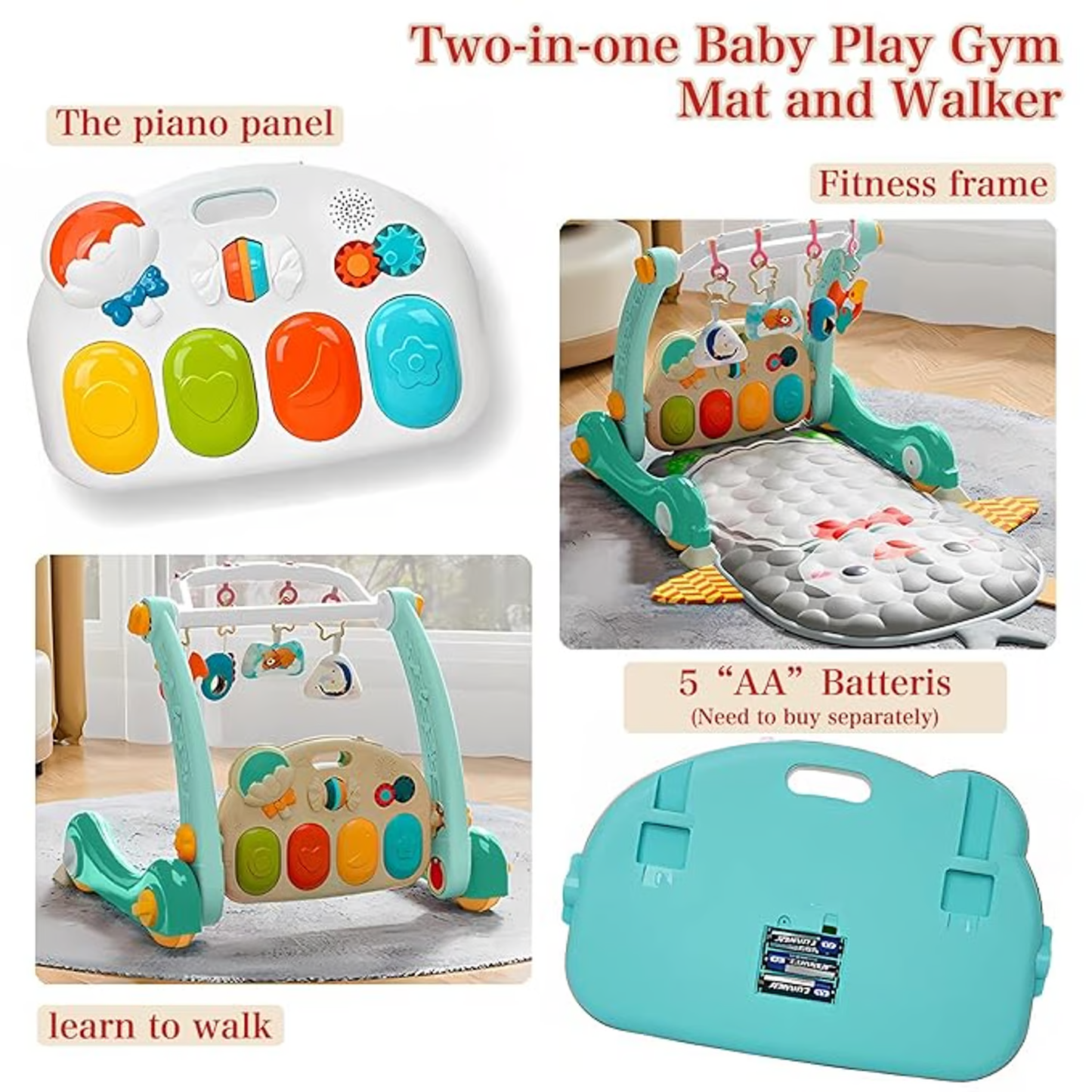 Gimnasio con Caminadora 2 en 1 con Piano Sensorial con Alfombra acolchada de Pinguino - para bebés de 3 meses en adelante