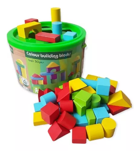 Juego de bloques para construcción de madera de colores  - Balde verde - 50 piezas - niños y niñas de 18 meses en adelante - 5 colores - 7 formas