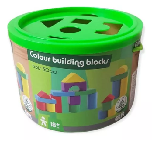 Juego de bloques para construcción de madera de colores  - Balde verde - 50 piezas - niños y niñas de 18 meses en adelante - 5 colores - 7 formas