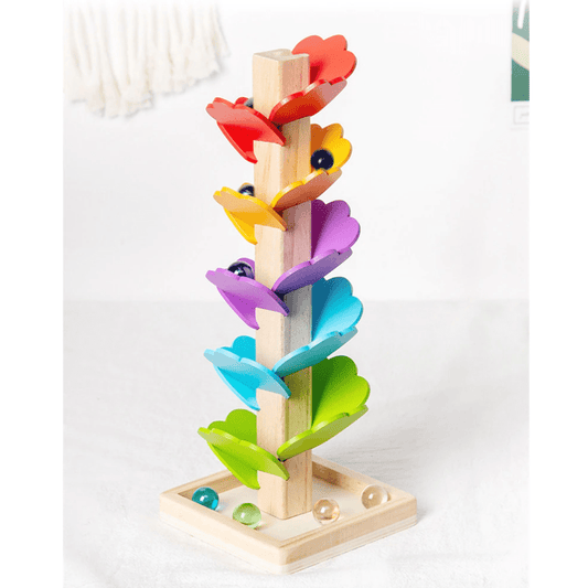 Juguete de Madera Montessori - Árbol de pétalos de colores - Carrera de bolitas - 3 años en adelante