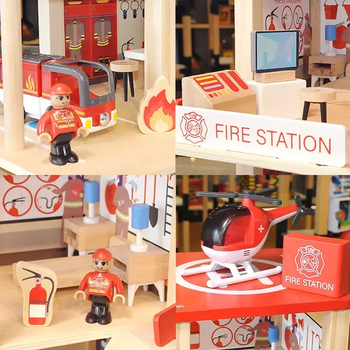 Juego Estación de Bomberos de Madera - 3 niveles de estación - Juego de Madera - Juego para niños y niñas de 3 años en adelante