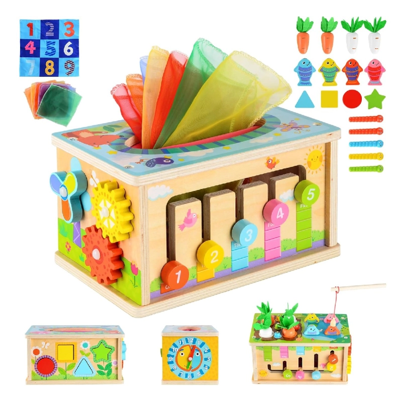 Juego Caja De Pañuelos de Madera Montessori - Multifunción 6 En 1 - Juego sensorial - 6 meses en adelante - Juego para bebés