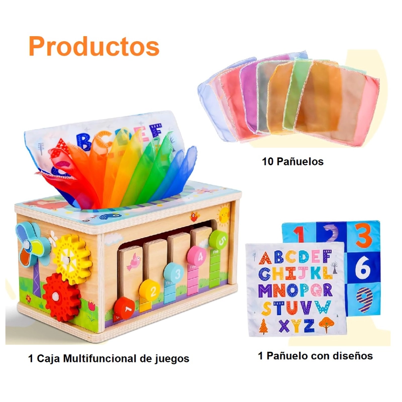 Juego Caja De Pañuelos de Madera Montessori - Multifunción 6 En 1 - Juego sensorial - 6 meses en adelante - Juego para bebés