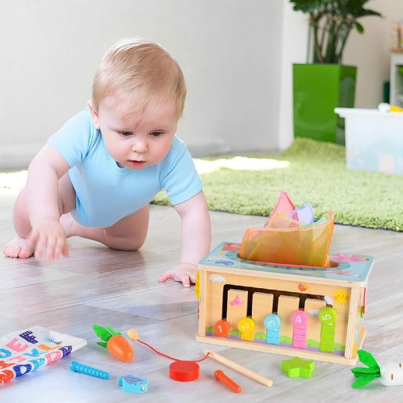 Juego Caja De Pañuelos de Madera Montessori - Multifunción 6 En 1 - Juego sensorial - 6 meses en adelante - Juego para bebés